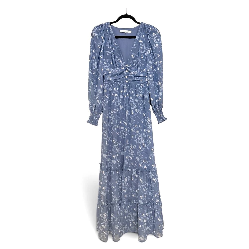 Altar'd State XS Blue Floral Lace Long Dress Long Sleeve Tiered Boho